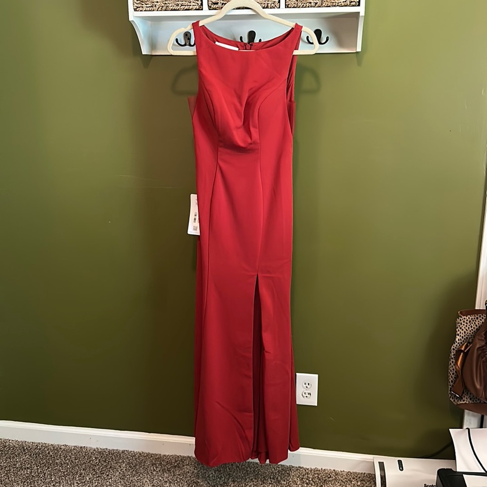 Azazie rust dress high neck maxi formal dress with slit